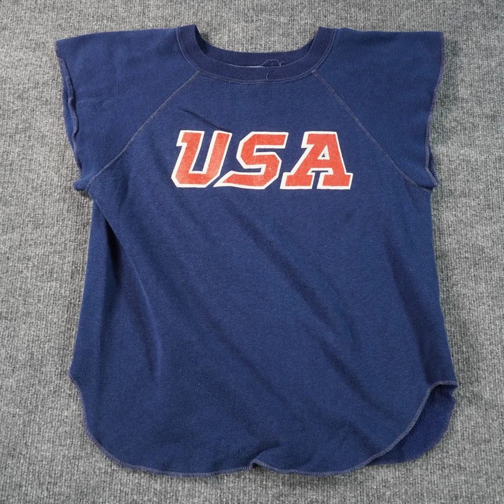 Champion Sweatshirt Mens Medium Blue USA Graphic Cut Off Muscle Retro 70s 80s